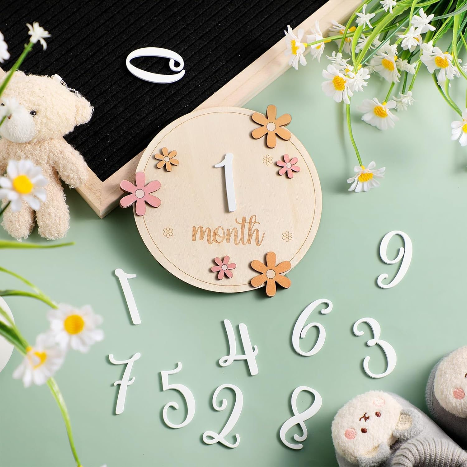 Baby Monthly Milestone Cards with 11 Interchangeable Number Set of 12 for Baby Growth Recording Daisy Wooden Bohemian Milestone Blocks Baby Months Signs Baby Boy Baby Girl Photo Props (Lovely) image number 2