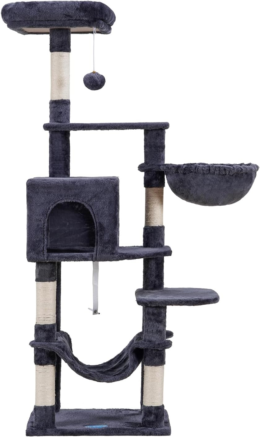 Hey-Brother Cat Tree with Large Hammock, Multi-Level Cat Tower for Indoor Cats, Cat Condo with Sisal-Covered Scratching Posts and Top Perch, Smoky Gray MPJ050G