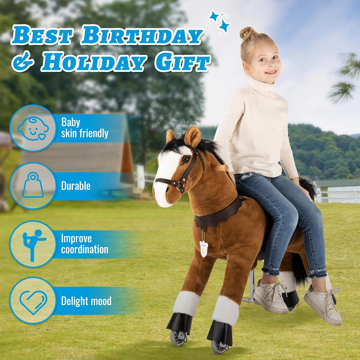 UFREE Ride on Horse, Horse Ride on Toy, Mechanical Horse, Plush Animal, Black Mane and Tail, Age 4-9 image number 5