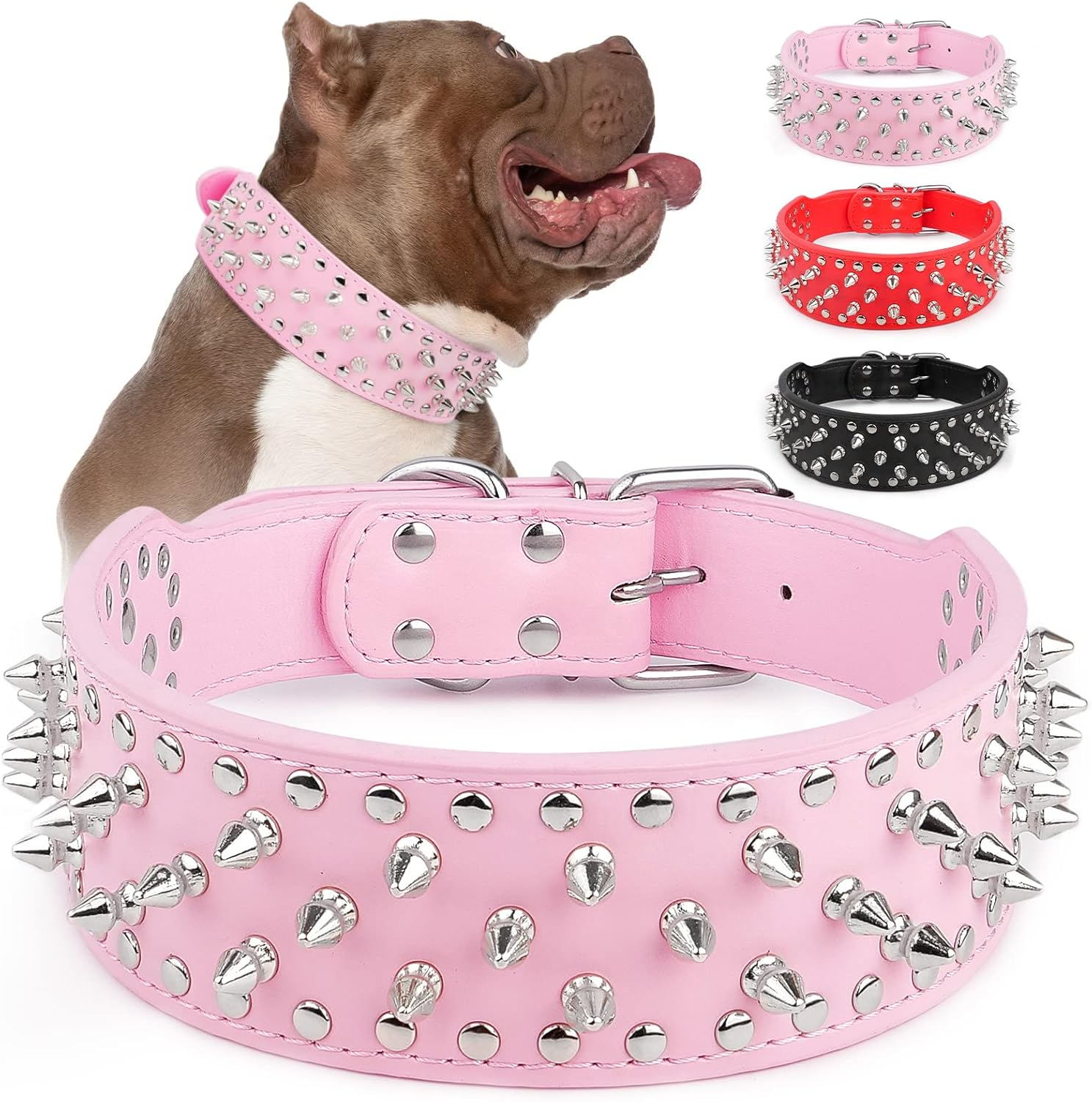 Epesiri Adjustable Wide Spiked Dog Collar, Mushroom Rivet PU Leather Cat Dog Collars, Durable Spike Studded Pet Collar for Small Medium Large Breed, Pitbull Mastiff Bulldog Pugs Husky Rottweiler, Pink image number 4