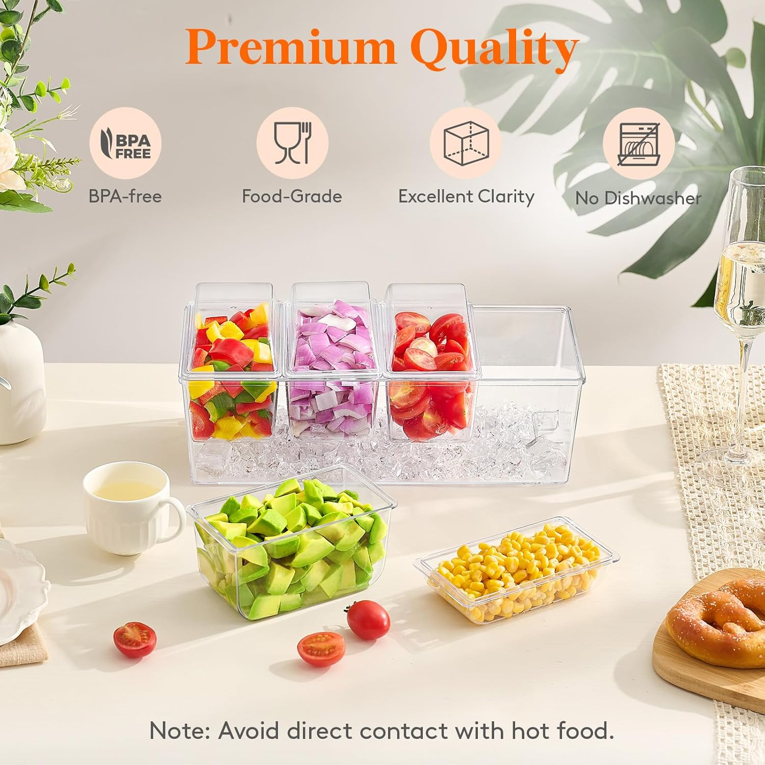 Lifewit Ice Chilled Condiment Caddy with 4 Containers(2.5 Cup), Condiment Server with Separate Lids, Serving Tray Platter with Removable Dishes for Bar Accessories, Fruit, Salad, Taco, Party Garnish image number 1