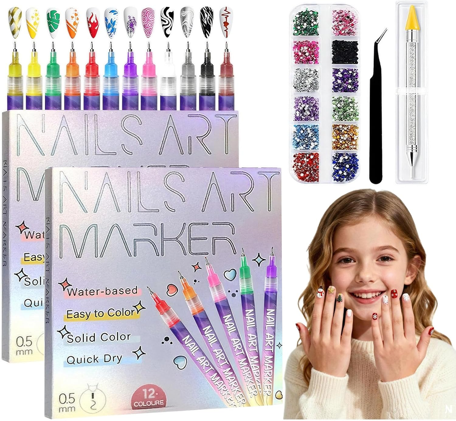 12 Colors Nail Art Pens Set, Quick-Dry Nail Art Markers Polish Pens for Dotting, Line Drawing, Painting & DIY Nail Design Tools (24Pcs)