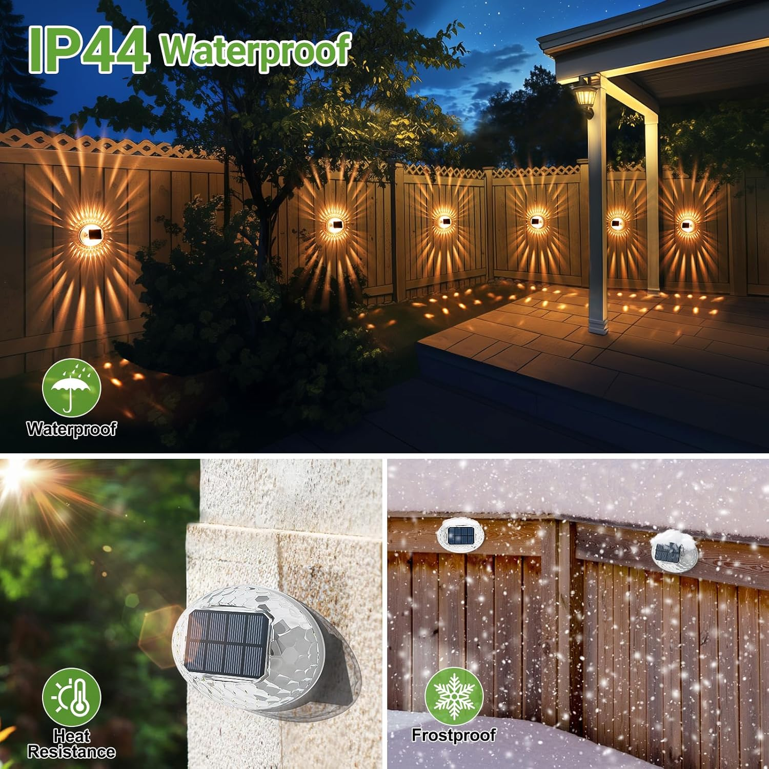 Quntis Warm White Solar Fence Lights 4Pack, 360&deg;Lighting Effect Outdoor Wall Lights, Auto On/Off IP44 Waterproof Garden Security Light for Balcony Stair Garage Road Shed Patio Yard Porch Front Door