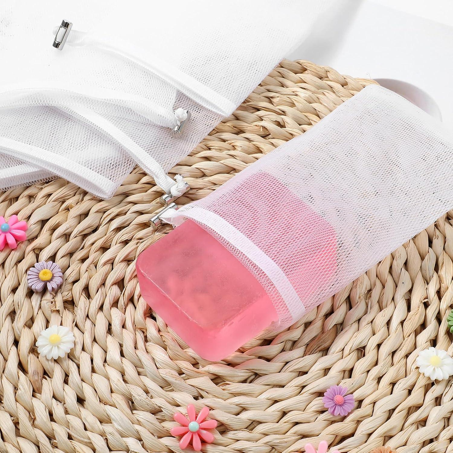 6 PCS Exfoliating Mesh Soap Pouch Soft Soap Bag with Drawstring for Shower Double Layer Thicken Foam Net Bubble Foam Net Soap Sack Saver Pouch, White image number 3
