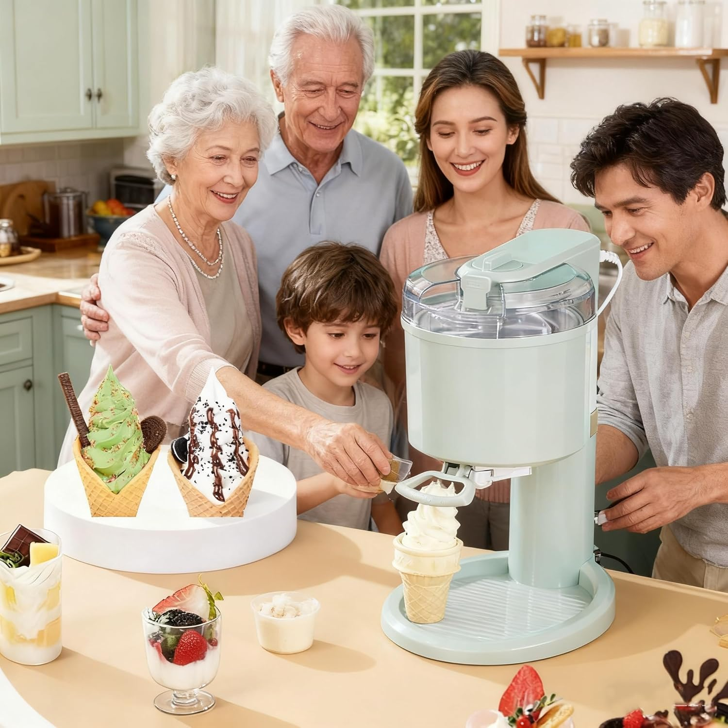 CKIKH Ice Cream Maker Machine 1L Fully Automatic Soft Serve Ice Cream Machine Frozen Yoghurt Machine with Detachable Mixing Paddle Soft Serve Dessert Makers for Family Recipes (Light Green, Small)