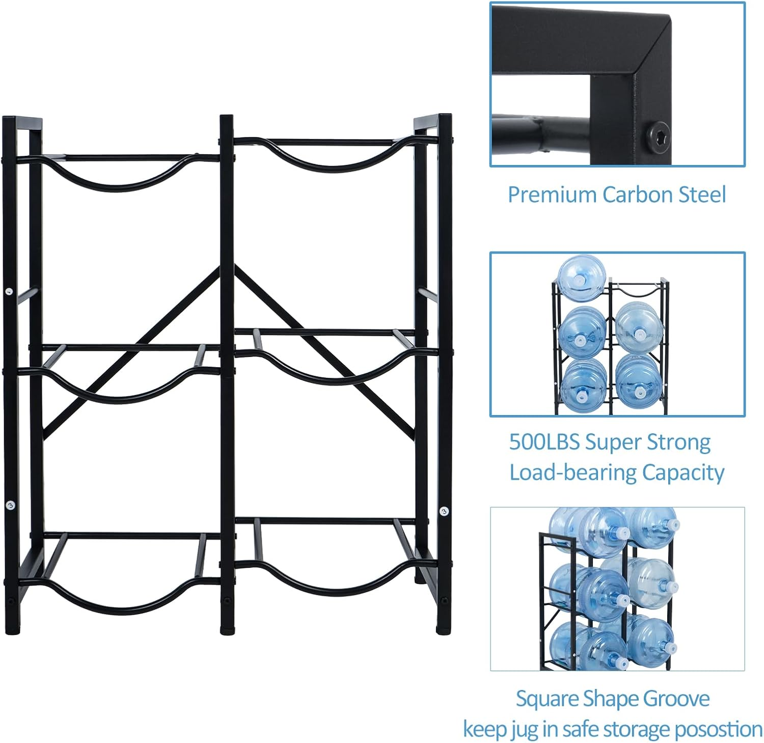 5 Gallon Water Jug Holder 3-Tier Water Cooler Jug Rack Water Bottle Holder Heavy Duty Water Jug Organizer for 6 Bottles for Home Office Organization image number 5