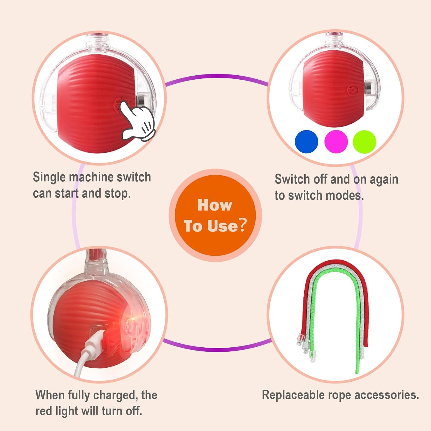 SZMDLX Interactive Rolling Cat Dog Ball with 3 Modes, 3 Colors Replacement Covers & Ropes, USB Rechargeable, Intelligent Automatic Moving Toys for Cats Dogs Pets image number 5