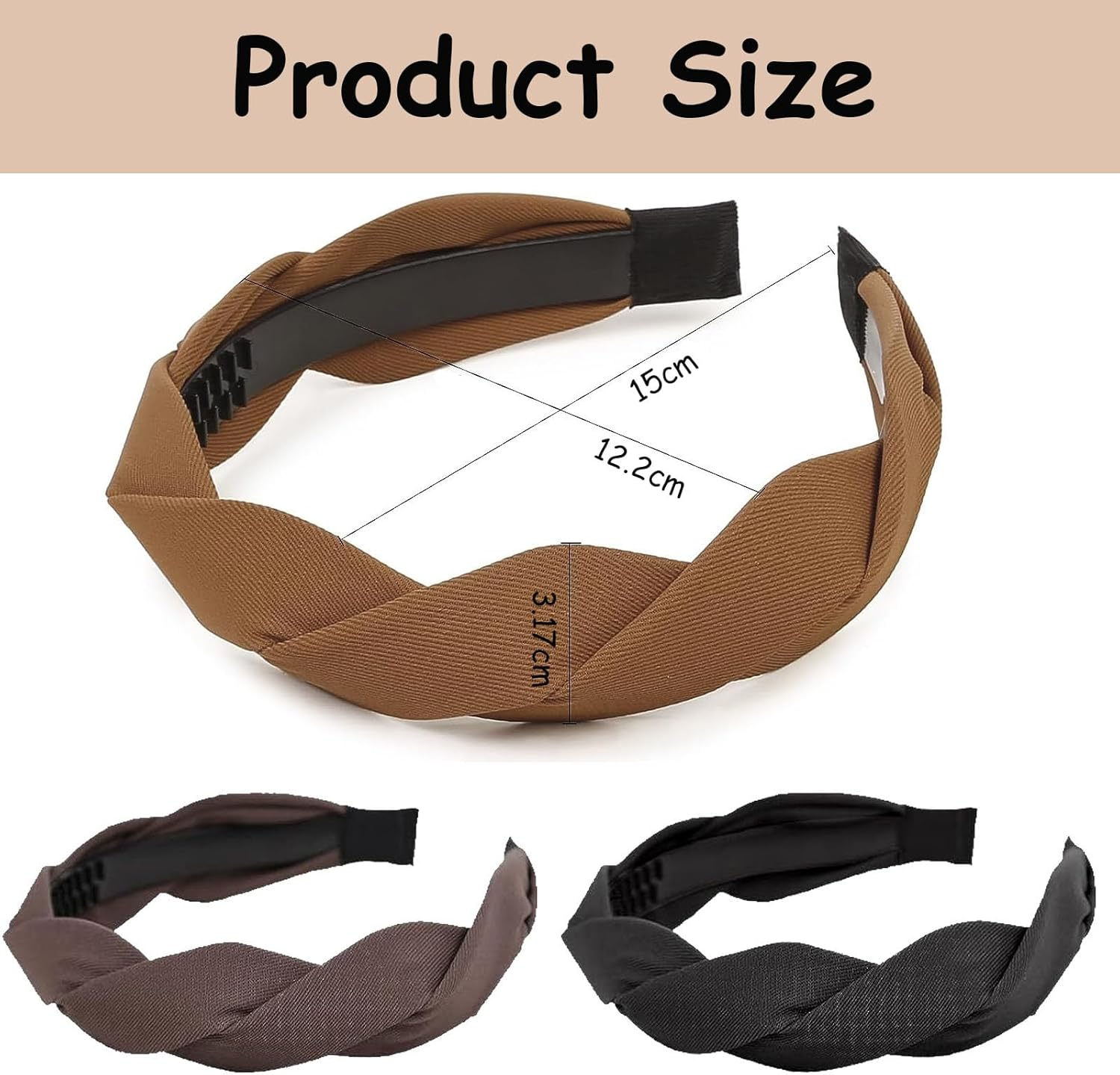 Rabbfit 3 Pieces Fashion Solid Headbands Wide Braided Headband Fabric Hair Bands with Tooth 3Cm Full Colors Weave for Women and Girls 3 Colors image number 5