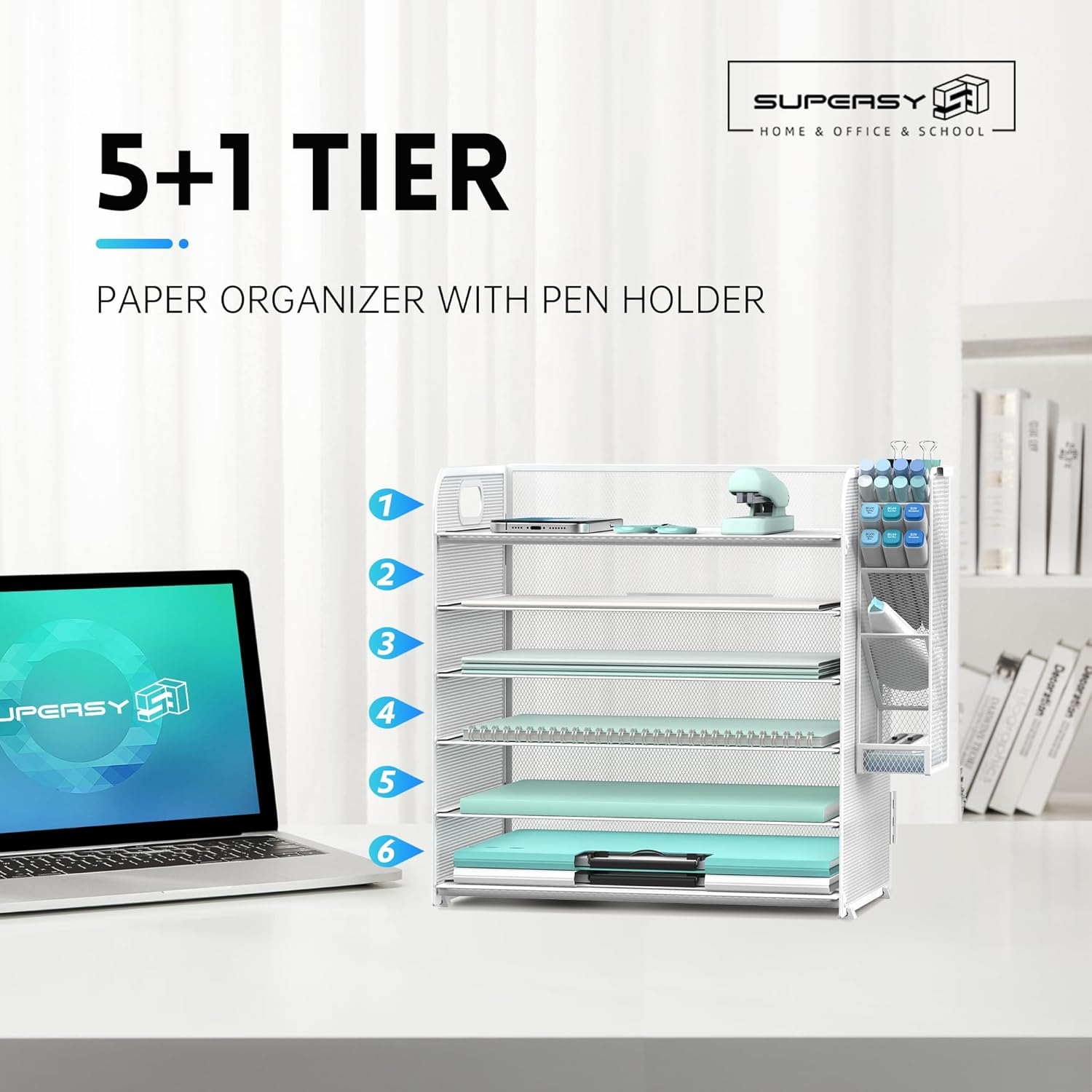 SUPEASY 6 Tier Paper Organizer with 4 Pen Holders, Mesh Letter Tray with Handle, Paper Tray Organizer for A4 Files, White - 2, Black image number 7