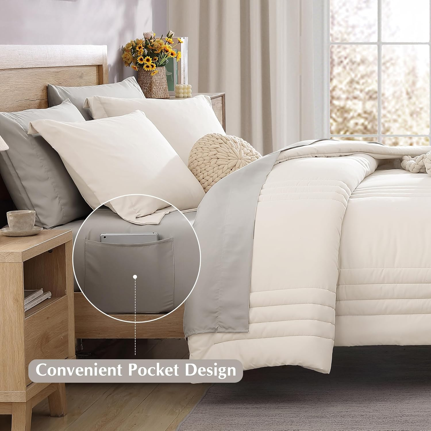 Monbix California King Size Comforter Set - 7 Pieces Bed in a Bag California King, White Bedding Sets with Comforter, All Seasons down Alternative Comforter Bed Set with Sheets, Pillowcases & Shams image number 6