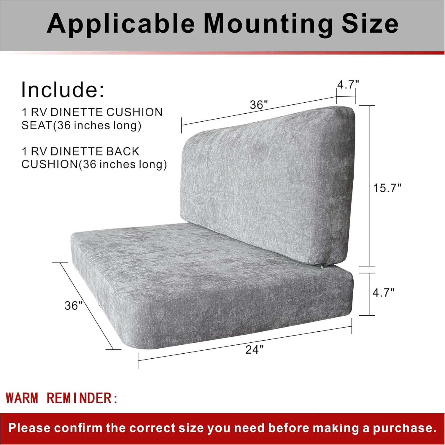 Dulepax RV Dinette Booth Cushions with Memory Foam，Replacement Camper Cushions，Dinette Seat for Camper Trailer，Rv Dinette Seat Including 1 Backrest & 1 Bench,Rv Sofa,Rv Couch,Grey,36Inch.