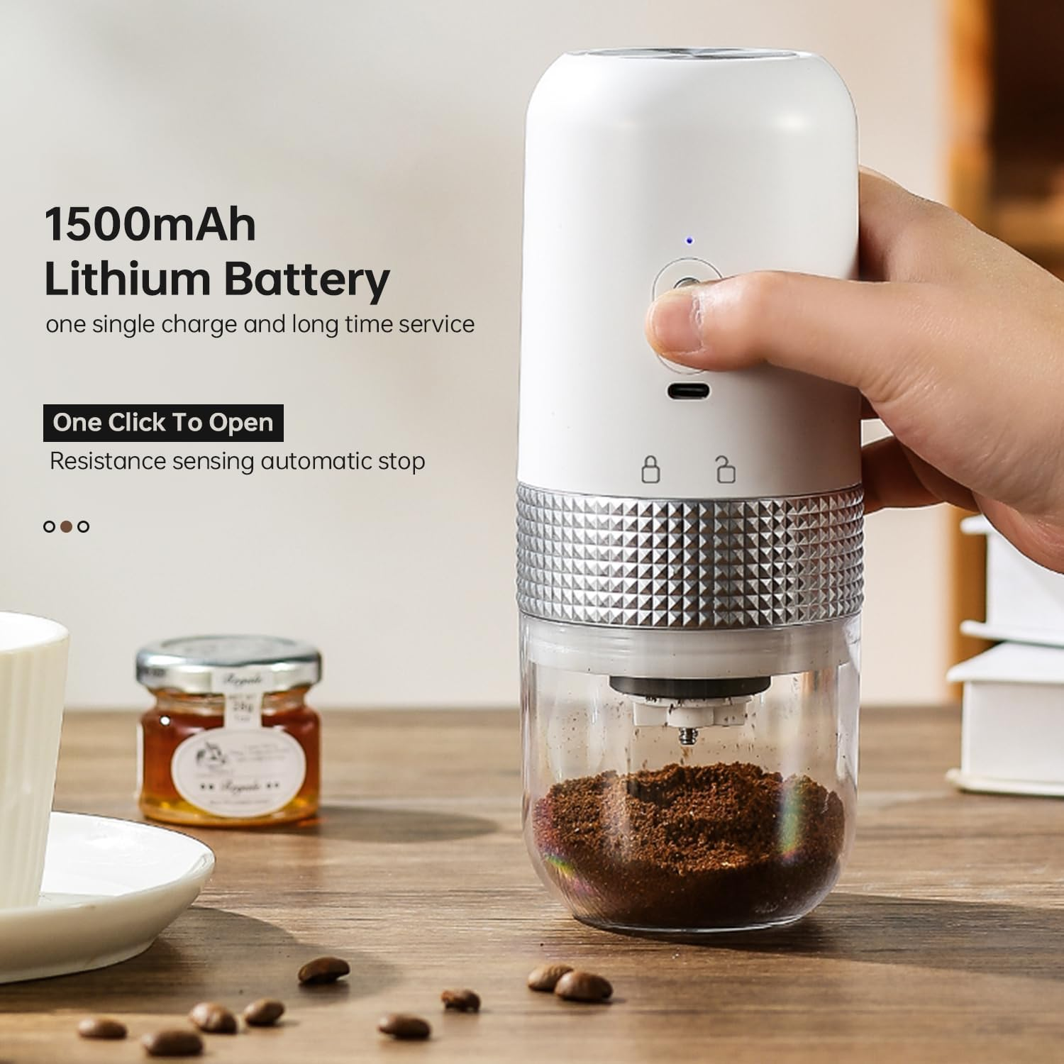 Electric Coffee Grinder - USB Rechargeable, 50G Capacity, Herb Grinder with Spoon, Multiple Grinding Settings for Beans, Spices - Home, Office, Travel, Shop Use image number 1