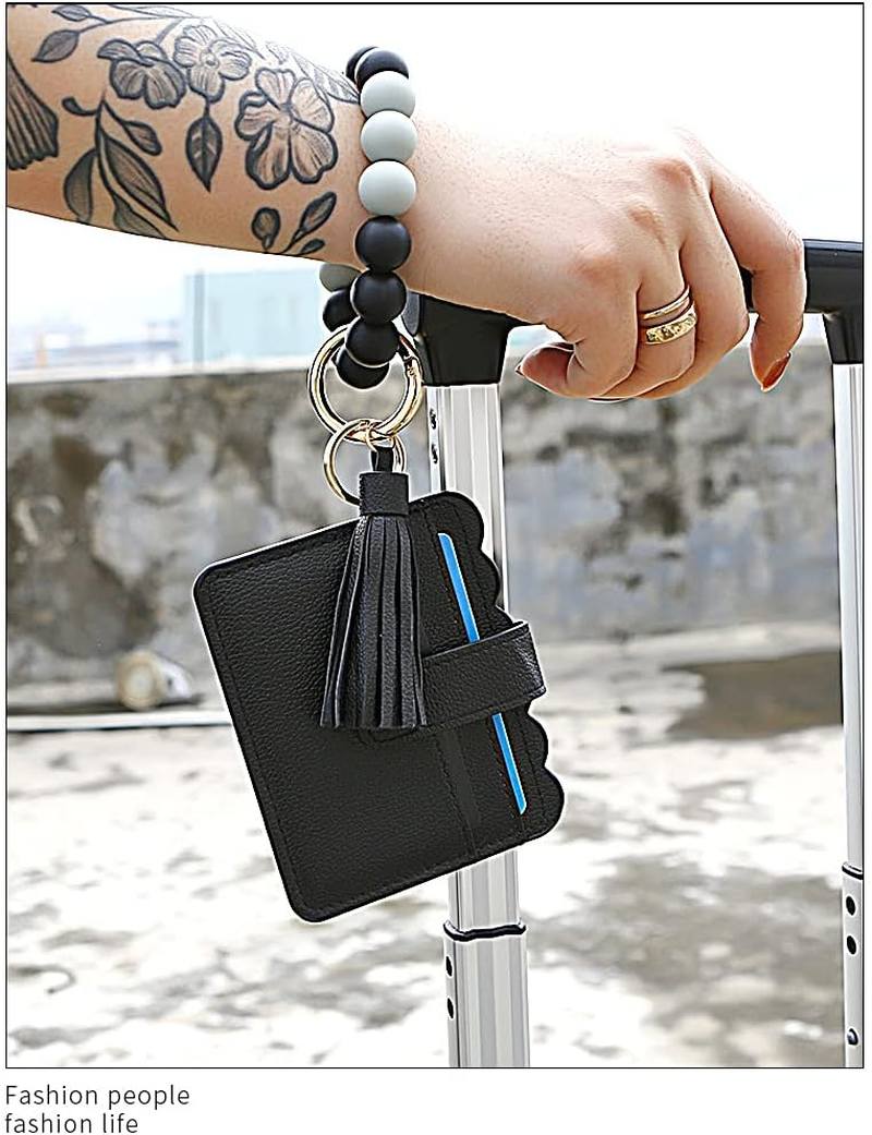 Silicone Beaded Bracelet Leather Keychain Wallet ID Card Holder Keyring Wristlet Bracelet Key Ring Chain Tassel Purse Women Girls Black