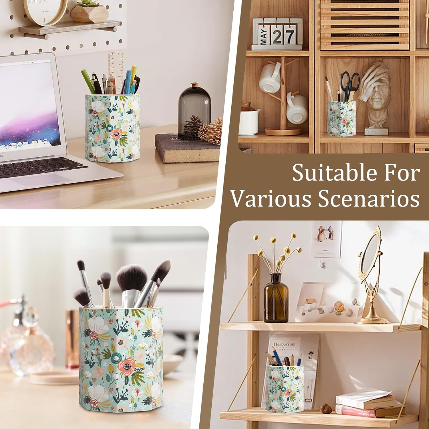 SZXYCZL Pencil Pen Holder Cup Desk Accessories,Beautiful Makeup Brush Holder Makeup Organisers,Durable Stand Desk Organizer Storage for Office Classroom Home-Green Flower image number 3