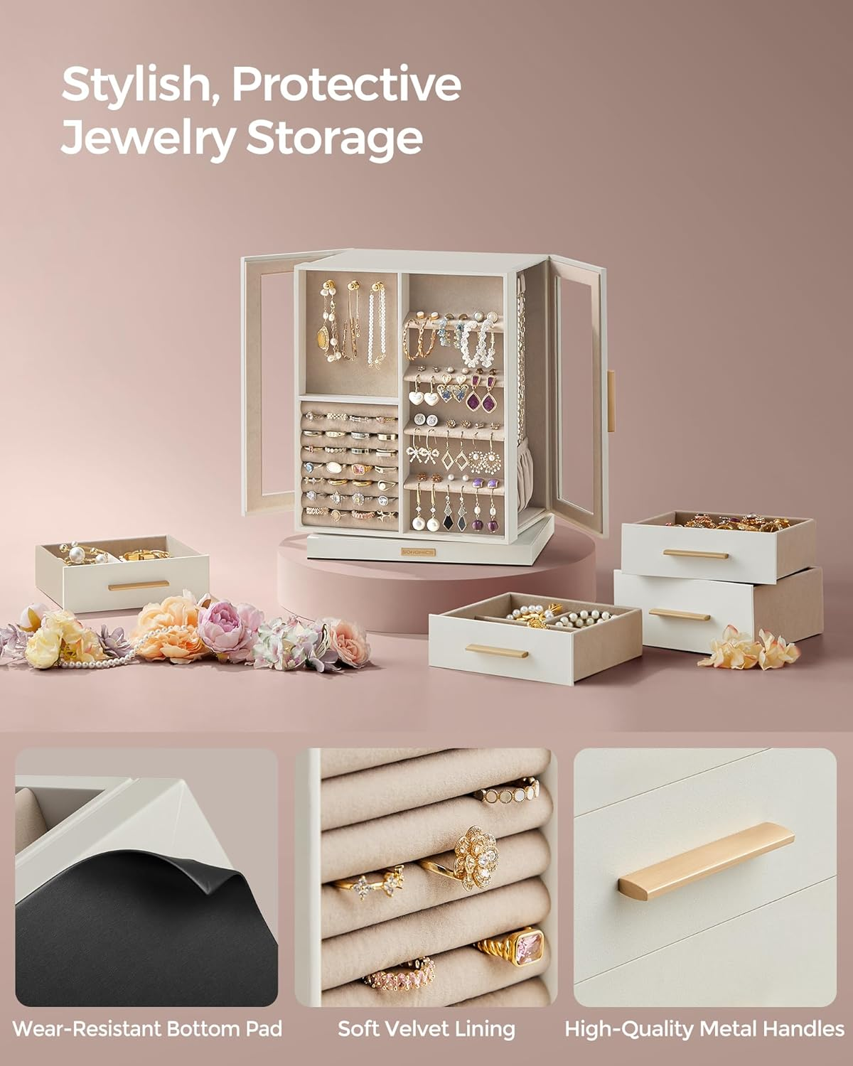 SONGMICS Jewelry Box 360&deg; Rotating, Jewelry Storage Case with 5 Drawers, 6.3"D X 8.7"W X 11.2"H, MDF (Medium Density Fiberboard), Pu-Coated Paper, Velvet image number 1
