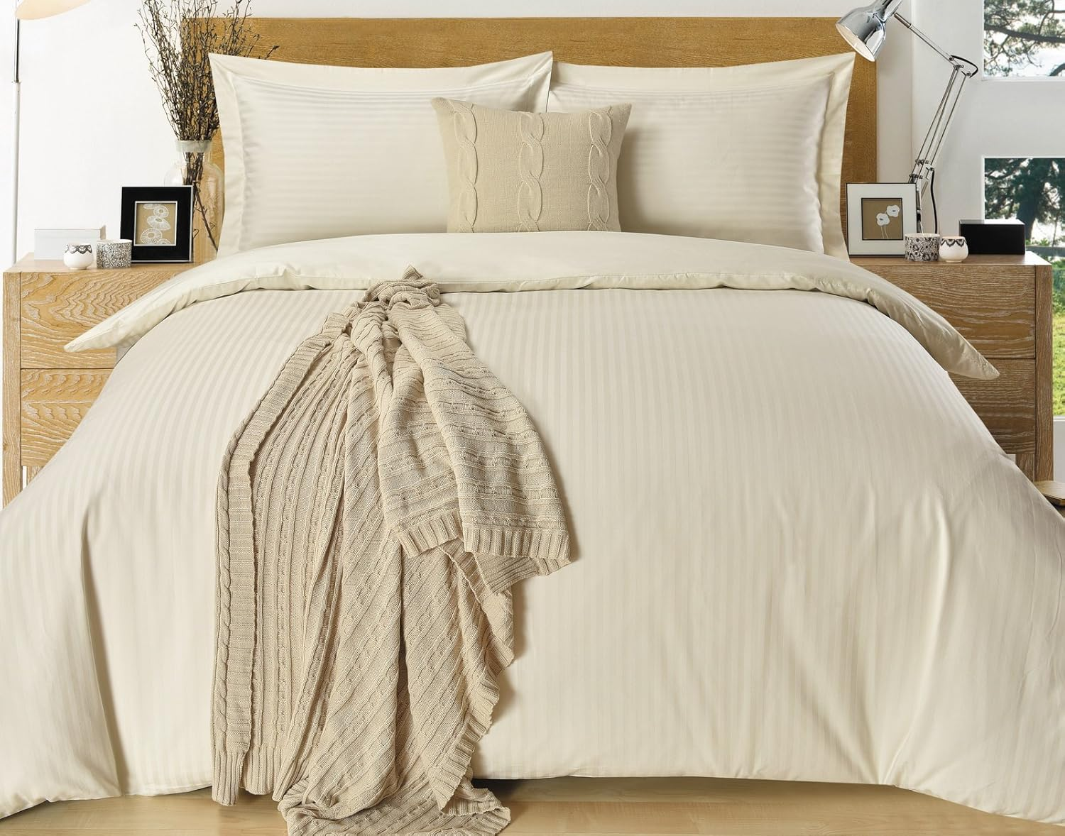 1200TC 100% Pure Cotton Luxury 3 Piece, Duvet Cover Set, with 2 Decorative Tailored Pillowcases in Choices of 5 Colors (King Size, Ivory)