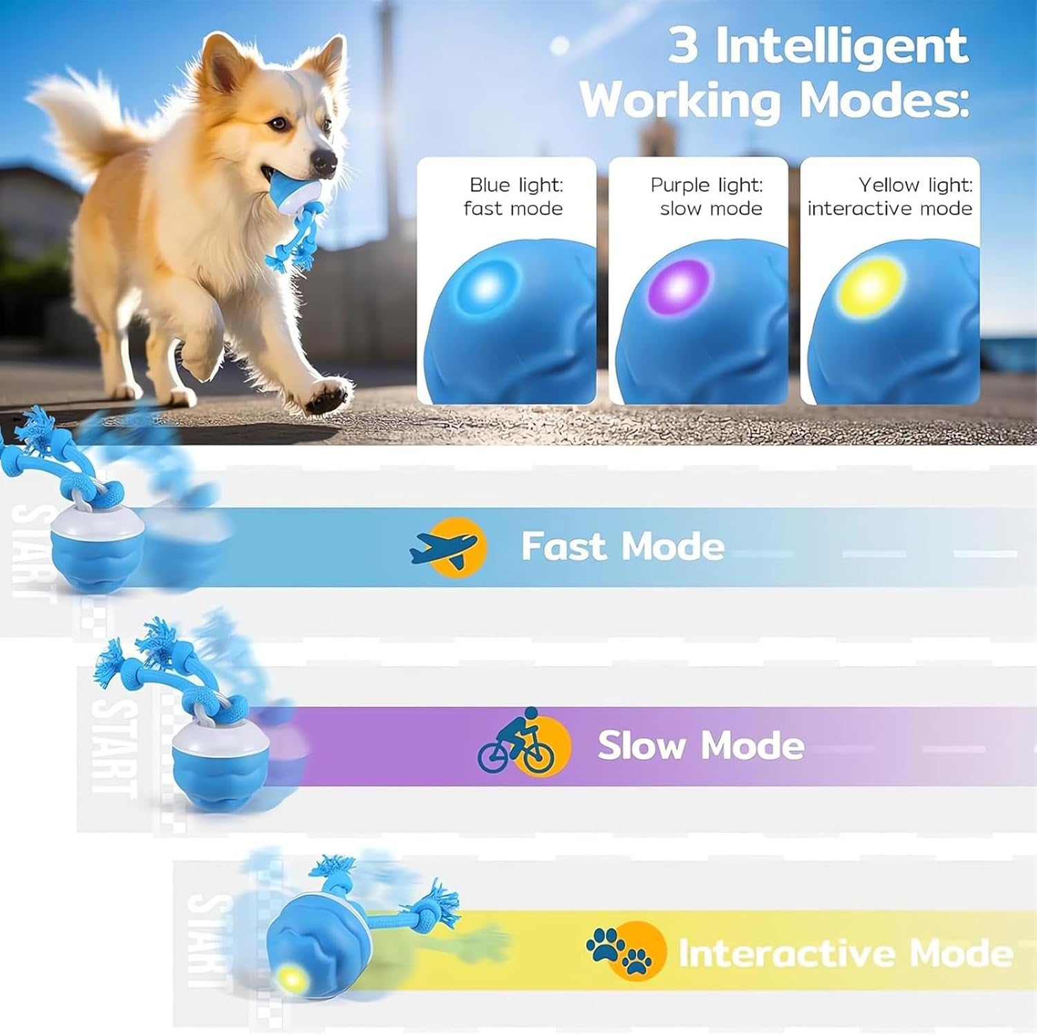 Interactive Dog Ball Toy, USB Rechargeable Squeaky Interactive Rolling Dog Toys Ball, Automatic Moving Dog Ball Chew Toy with Fun Rope for Small/Medium/Large Dog Cat Indoor/Outdoor Boredom Enrichment image number 3
