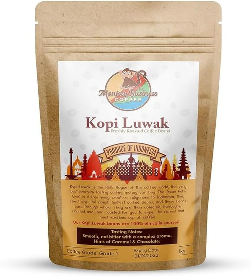 Monkey Business Coffee - Wild Kopi Luwak Coffee Whole Beans - Ethically Sourced - 250 Grams (Other Weights & Bean Types Available) - Produce of Indonesia