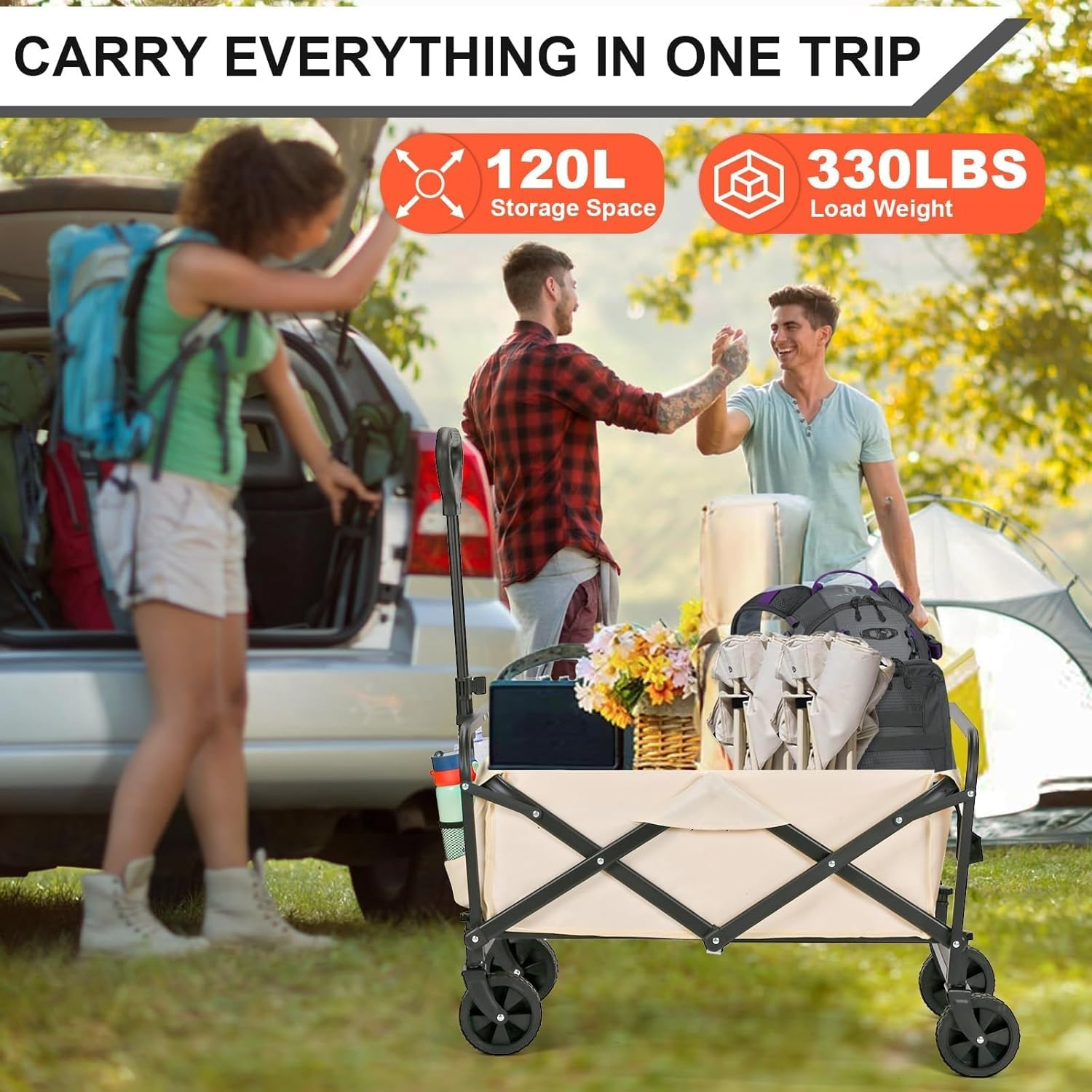 Collapsible Wagon Cart, Ultra-Large Wagons Carts Foldable, Heavy Duty Folding Wagon with Wheels, Utility All Terrain Wagon for Groceries, Garden, Sports, Beach, Shopping,(Beige) 330Lbs image number 3