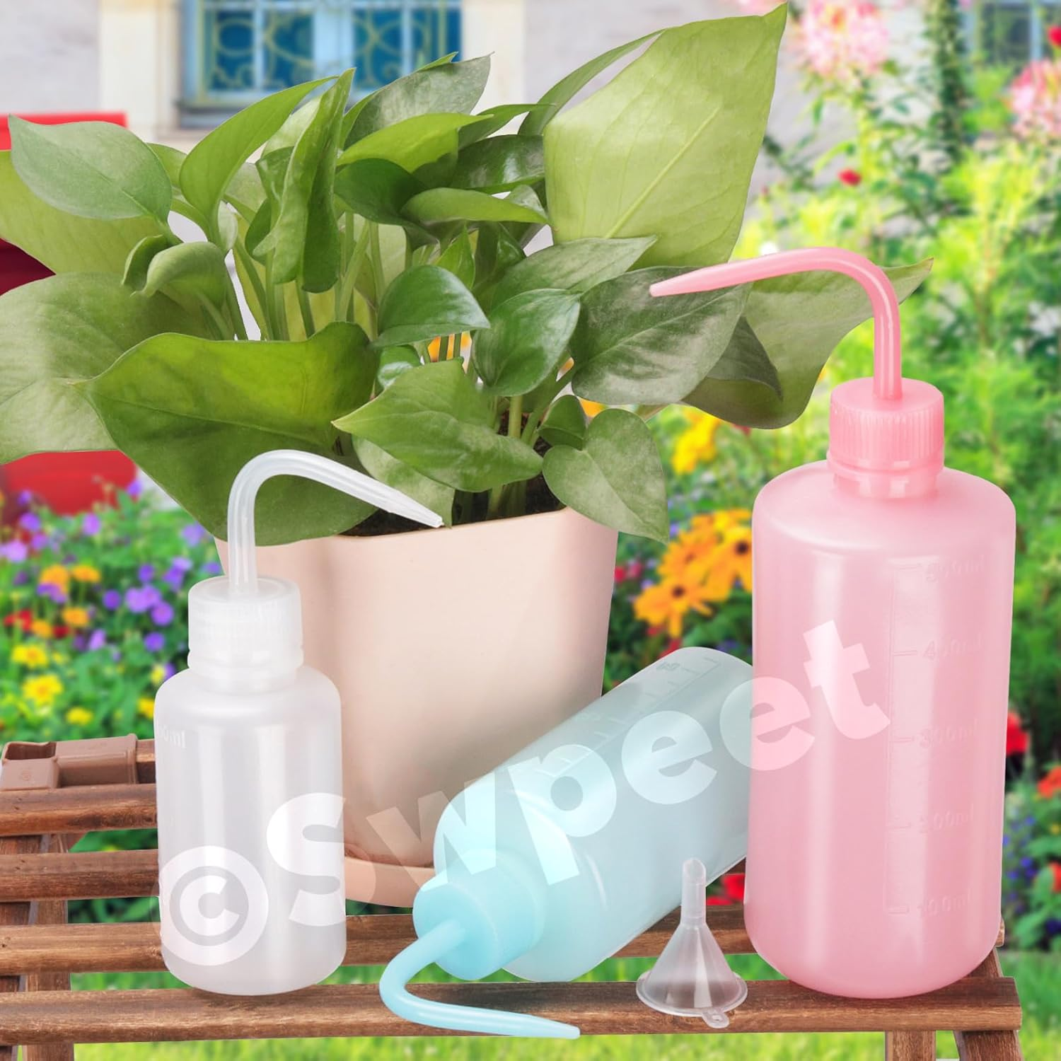 Swpeet 3Pcs 500ML/250ML/150ML Safety Bottles Watering Tools with 5Pcs Small Funnels Assortment Kit, Wash Bottles Water Squirt Bottle Succulent Watering Squeeze Bottle for Irrigation, Plant Washing image number 2