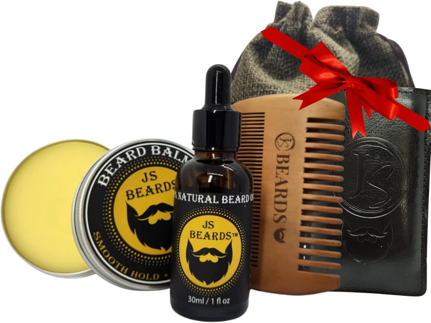 JS Beards All Natural Beard Care Collection 4Pc Grooming Kit &ndash; Oil, Balm, Pearwood Comb, & Jute Storage Pouch &ndash; Men&rsquo;S Gift - No Parabens No Silicone - by Jane Sweetpea image number 2