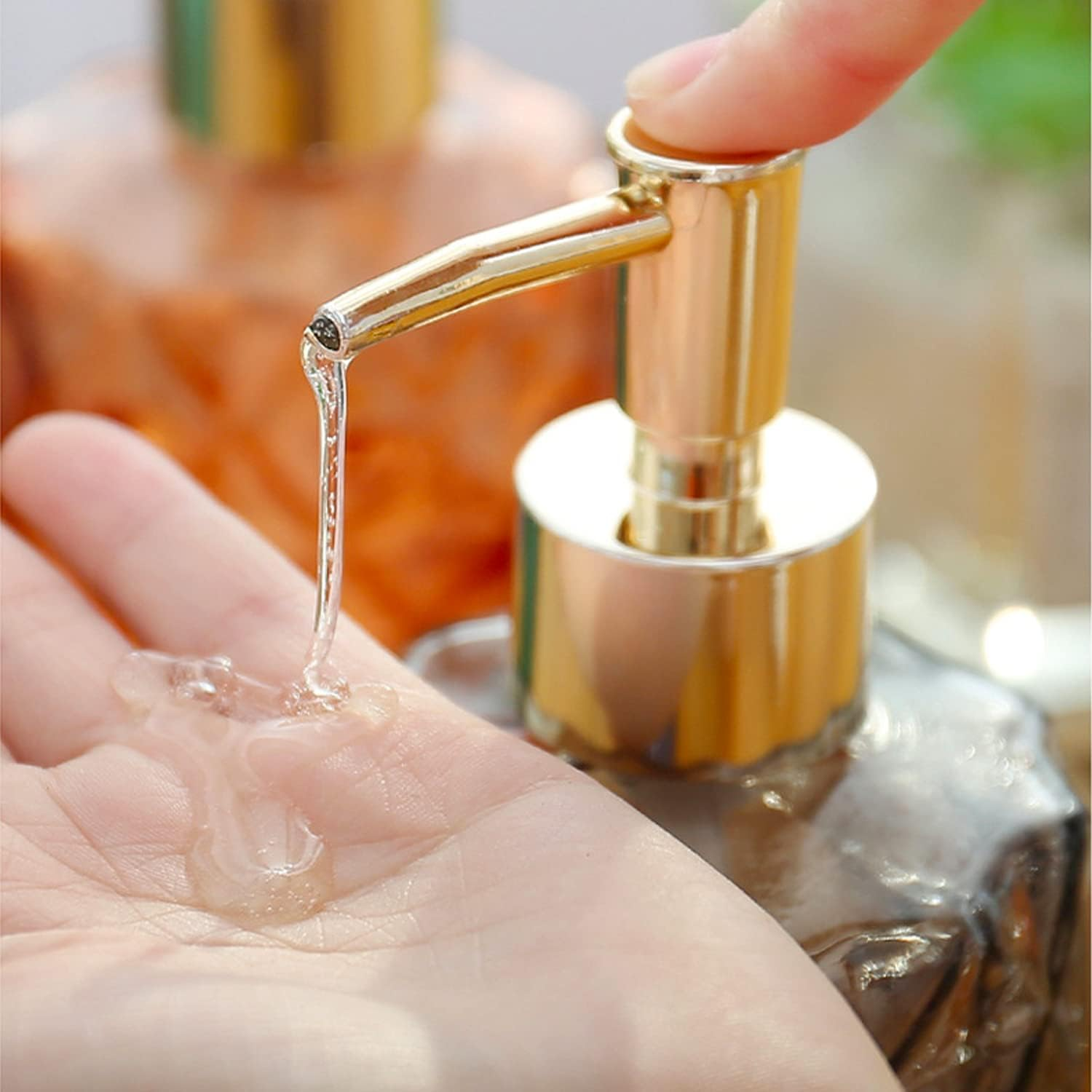 Glass Soap Dispenser,Crystal Refillable Wash Hand Liquid Clear Glass Bottle with Pump for Essential Oils, Lotions, Liquid Soaps,Dish Detergent(12 OZ Rose) - Blue,Transparent image number 5