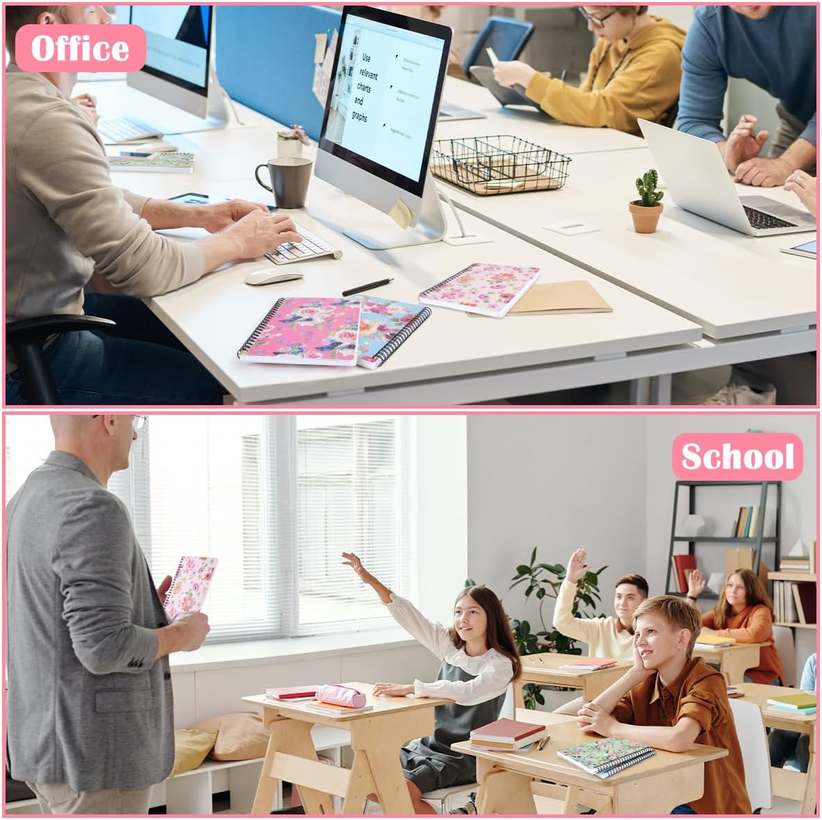 4 Pack A5 Spiral Notebook with 60 Pcs Tabs, Flower Design Line Journal, Hardcover Subject Notebook College Ruled, 80 Sheets/160 Pages Thick Paper Smooth Writing Aesthetic for School Students Women