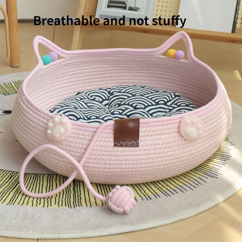 Natural Cat Bed Rattan,Hand Woven Cat Bed with Toy Tail,Washable Cozy Cat Mat Scratcher round Shape for Indoor Cats,Kitten Shaped House Natural Cotton Linen Cat Scratch Pad,Breathable and Odorless image number 2