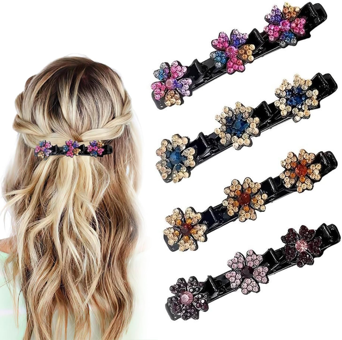 Pack of 4 Sparkling Crystal Stone Braided Hair Clips, Shiny Rhinestone Hair Clip, Elegant Hair Styling Clips, Hair Clips Women, Hummingbird Hair Clip with Crystal Flower for Women Girls (A) image number 5