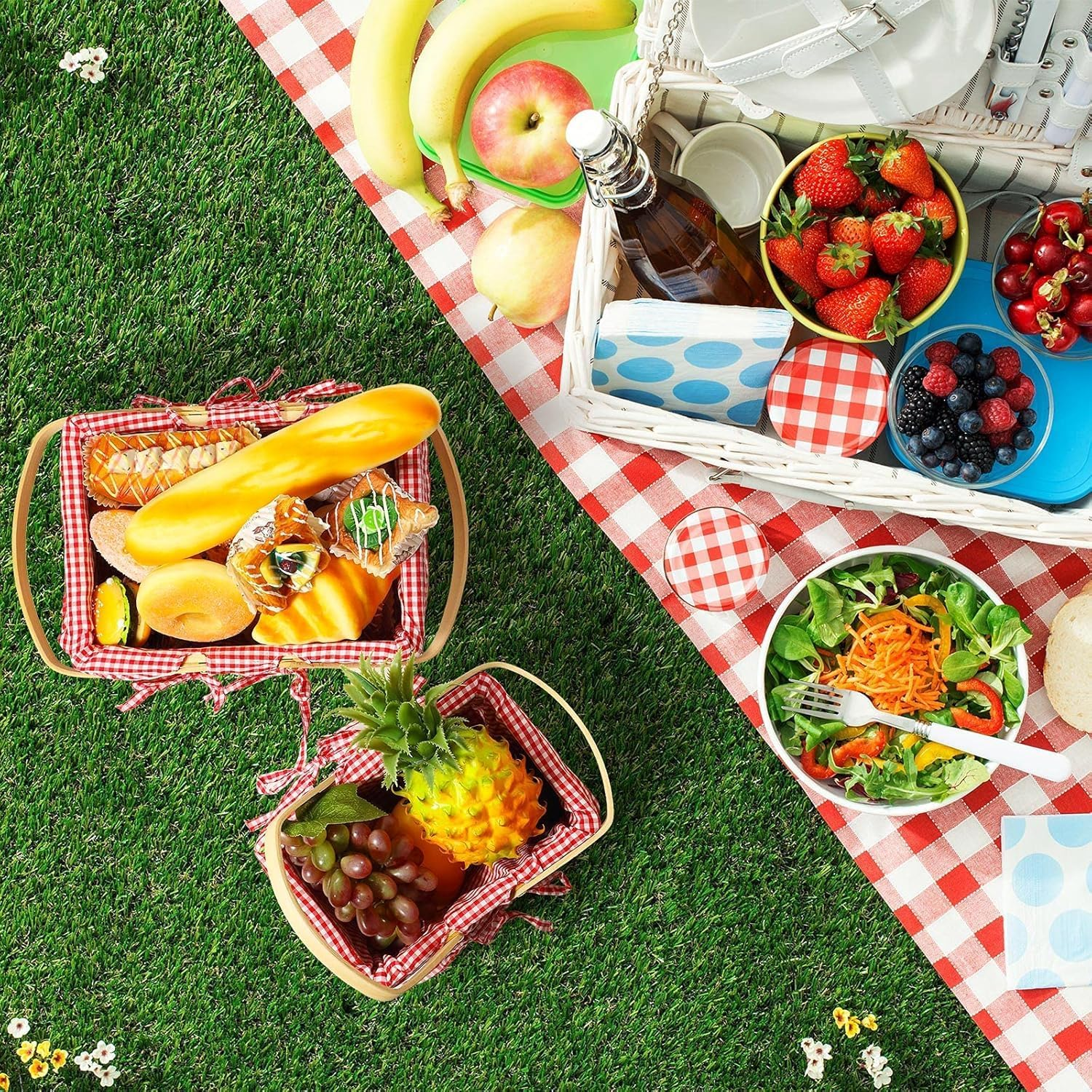 Wicker Basket with Handle, Picnic Basket Rectangular Picnic Basket with Double Folding Handles, Storage Basket, Flower Girl Basket for Decor (Red) image number 2