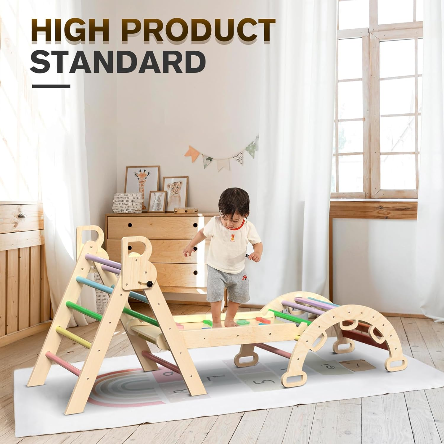 Omebel Pikler Triangle Set, 7 in 1 Foldable Toddler Climbing Toys Wooden Montessori Climbing Set, Baby Climber Indoor Jungle Gyms for Toddlers Montessori Toys image number 3