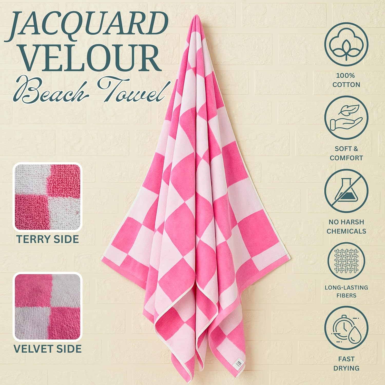LARA Home Luxury Jacquard Velour Beach Towels, 100% Cotton, Large Beach Towel Size 90X165Cm, 500GSM, Pack of 2, Double-Sided Pattern Velvet (Pink White Pattern) - Green White Checkered image number 6