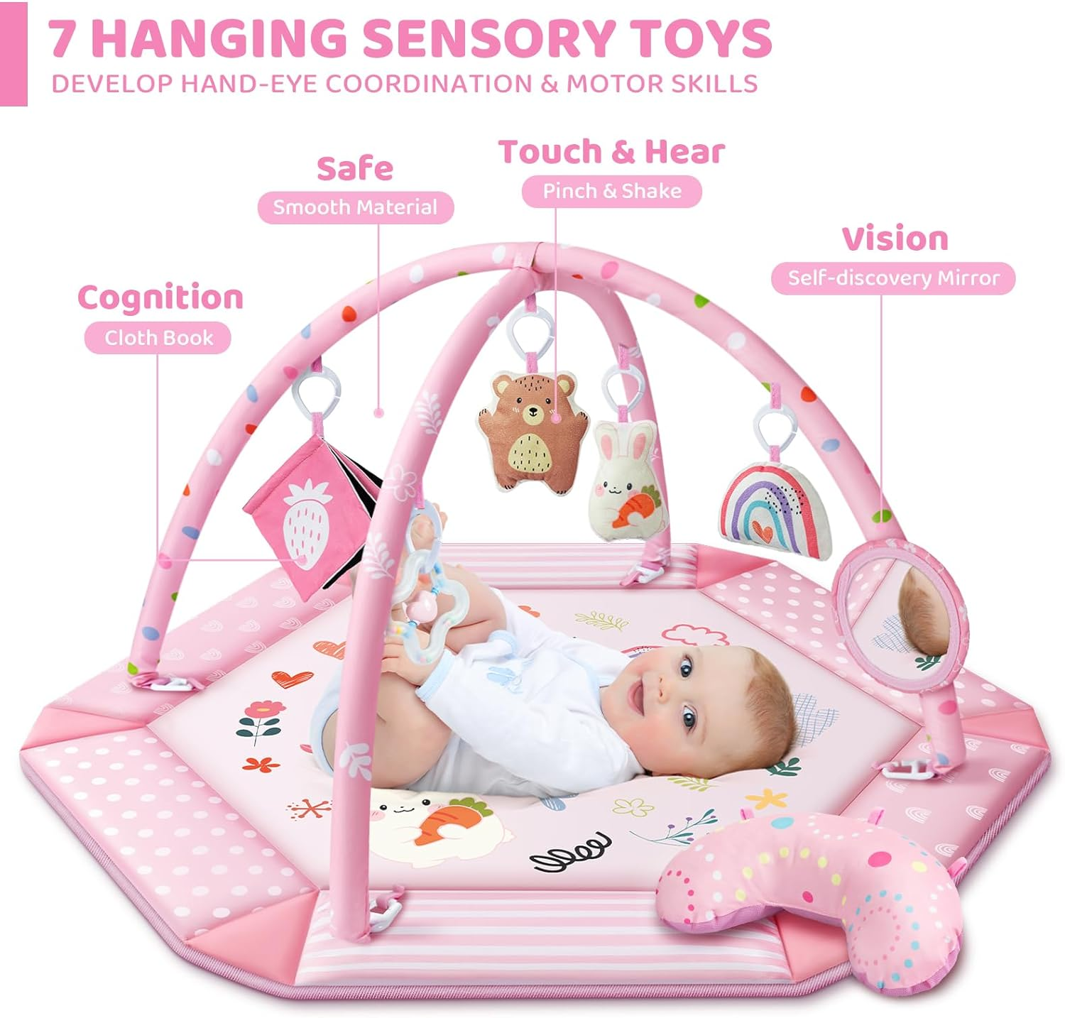 Baby Gym Play Mat, 8-In-1 Tummy Time Mat & Ball Pit with 6 Toys, Washable Baby Activity Mat for Visual, Hearing, Sensory, Motor Development, Baby Gift Newborn Infant 0-3-6-9-12 Months (Pink)