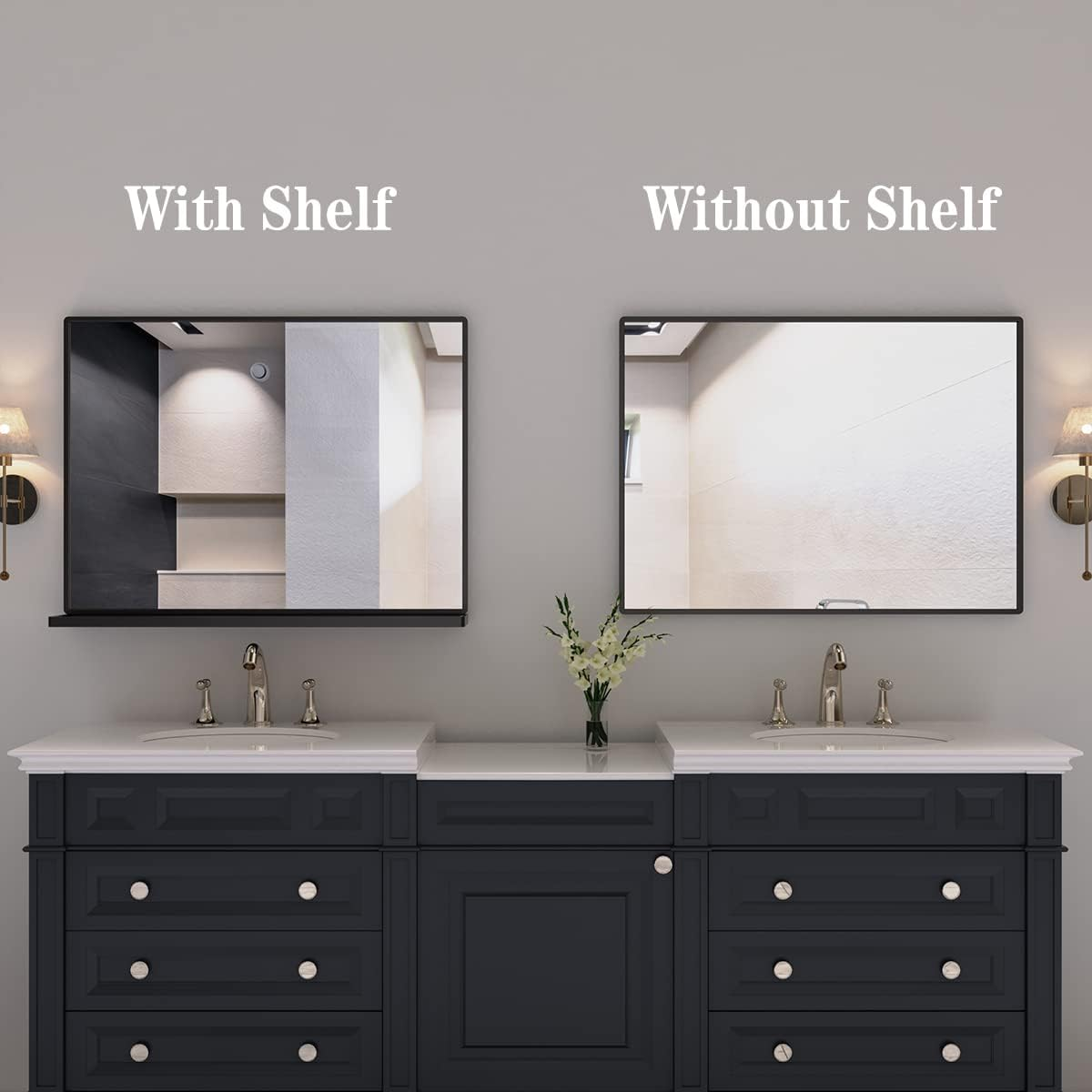 ANYHI Black Bathroom Wall Mirror with Shelf, 80X60 Cm Metal Frame Rectangle Bathroom Mirror for Wall, Perfect for Living Room, Bedroom, Entryway, Horizontal image number 4