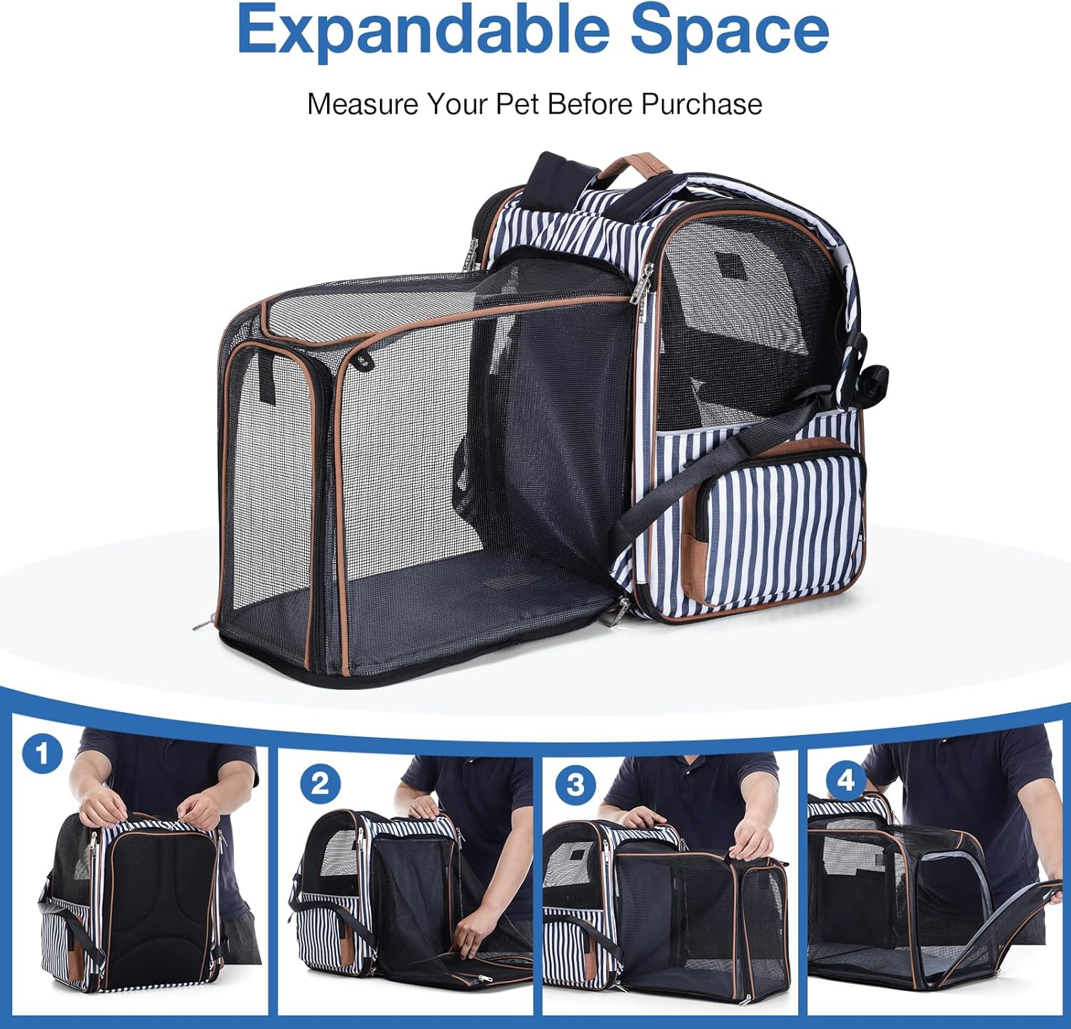 Lekespring Extra Large Cat Backpack Carrier Expandable Pet Carrier Backpack for Small Dogs Medium Cats Fit up to 12 Kg for Travel, Hiking, Blue Striped image number 6