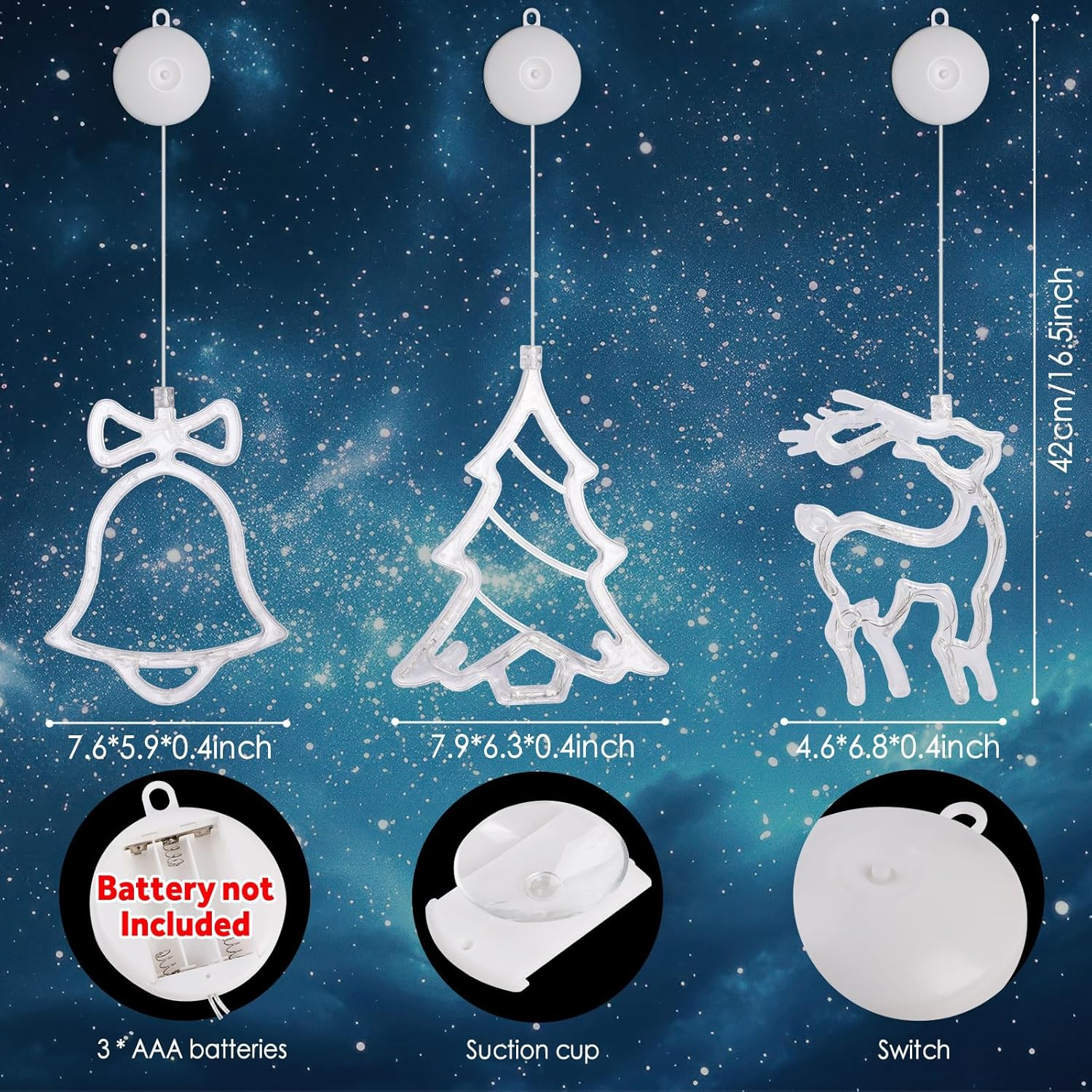 Bigqin 3PCS LED Christmas Lights, Elk Bell Window Lights with Suction Cups, Battery Type Christmas Decoration Curtain Lights, Christmas Tree Lights for Bedroom Room Outdoor (Battery NOT Included)