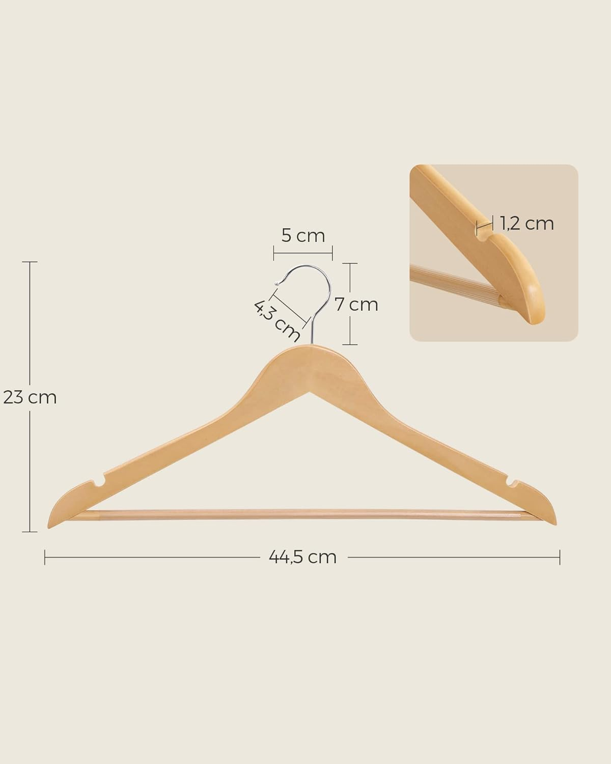 SONGMICS Wooden Hangers, Set of 30, Coat Hangers, Clothes Hangers, with Shoulder Notches, Anti-Slip Trousers Bar, 360&deg; Swivel Hook, for Suits, Shirts, Coats, Natural CRW031NL image number 3