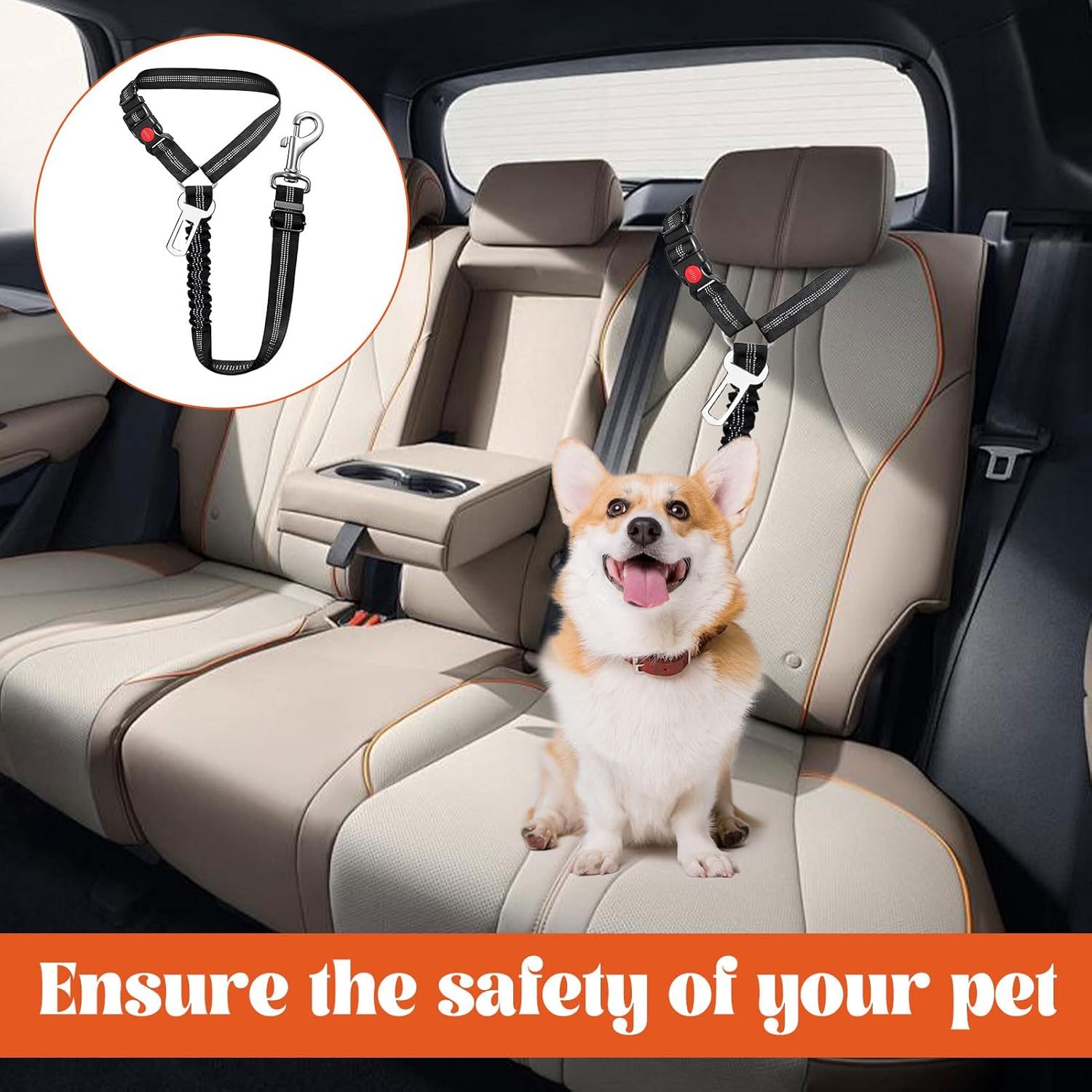 Dog Car Seat Belt, 1 Pcs Dog Seatbelt, 2 in 1 Dog Car Harness with Anti-Shock Restraints Clip, Adjustable Harness Belt with Anti-Shock Elastic Bungee Buffer for All Vehicles (Black) image number 1