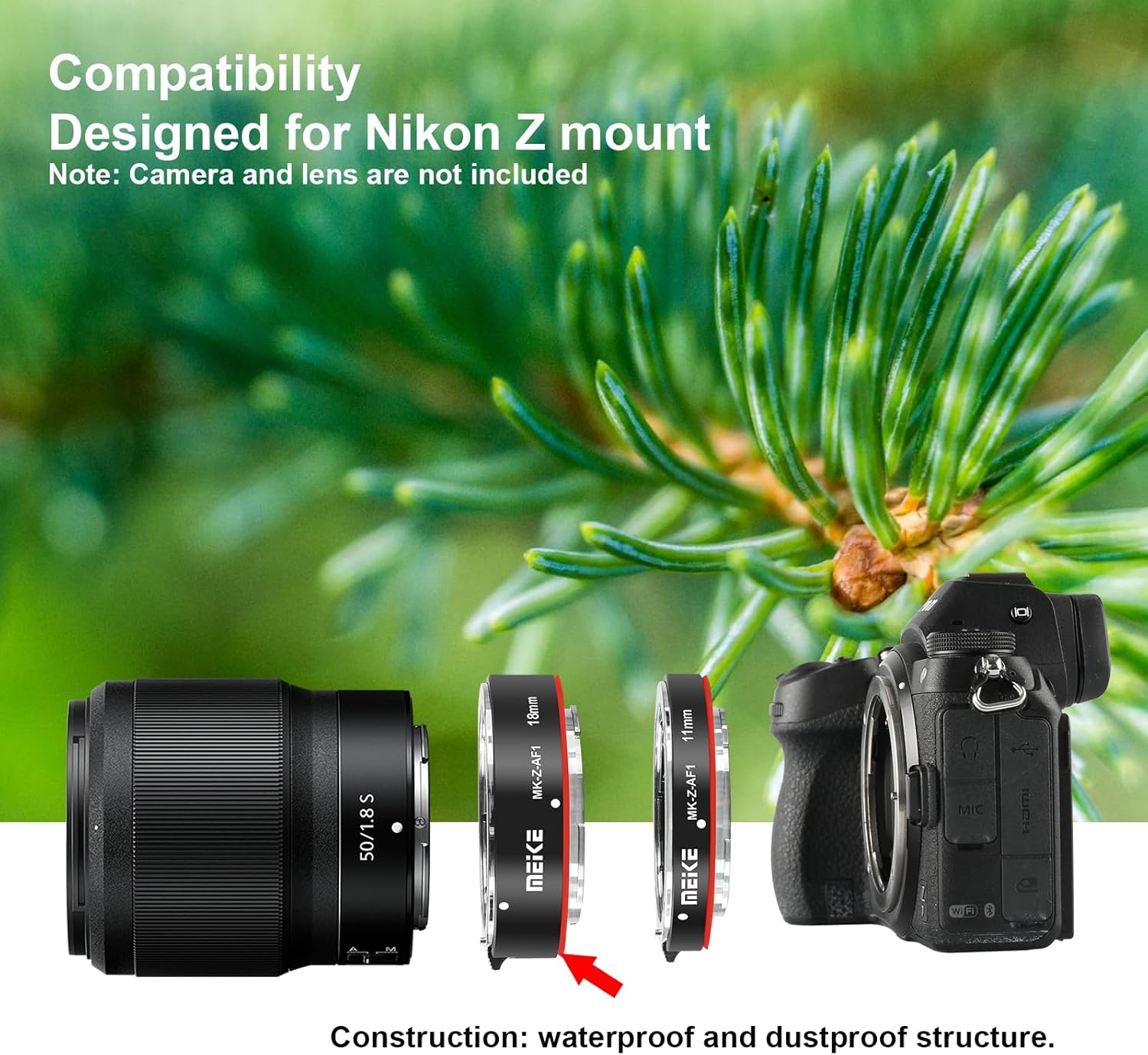 Meike MK-Z-AF1 Metal Auto Focus Macro Extension Tube Set (11 Mm + 18 Mm) Compatible with Nikon Z5 Z6 Z6II Z7 Z7II Z50 image number 2
