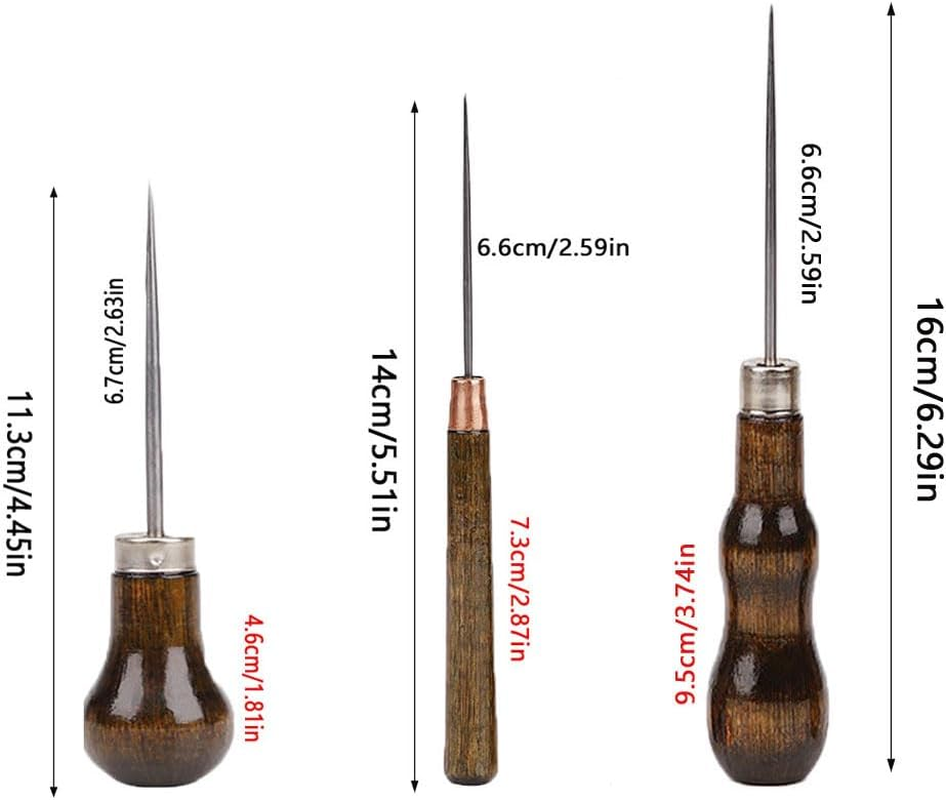 3 Pack Scratch Awl Tool with Wooden Handle Gourd Shape Pin Punching for Leather Punch Hole Craft Repair Shoes Sewing Crochet DIY Handmade Stitch image number 4