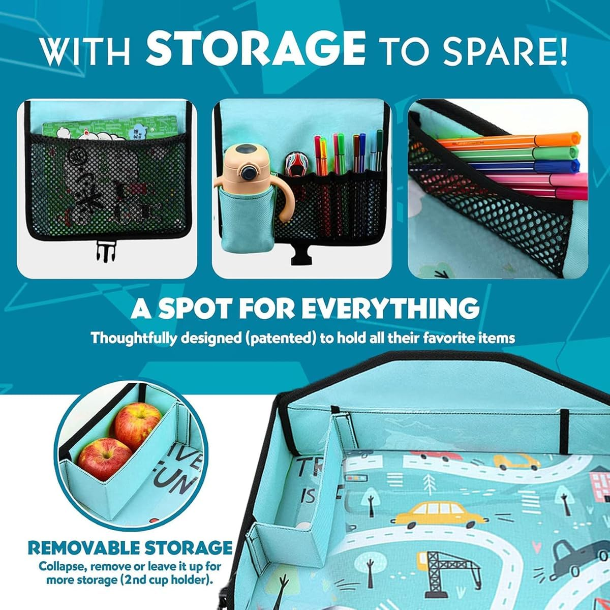 Cyanmor Kids Car Storage Travel Tray, Toddler Car Seat Tray Play Table Rack, Portable Multi-Functional Back Seat Accessory for Kids Traveling (Dark Blue)