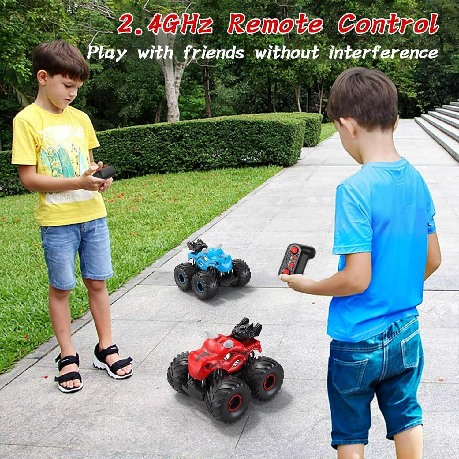 Remote Control Dinosaur Car, 2.4Ghz RC Monster Trucks for Boys with Spray, Light & Sound, All Terrain RC Cars with 2 Batteries, Dinosaur Toys for Kids 3 4 5 6 7 8, Christmas Birthday Gift (Red) image number 1