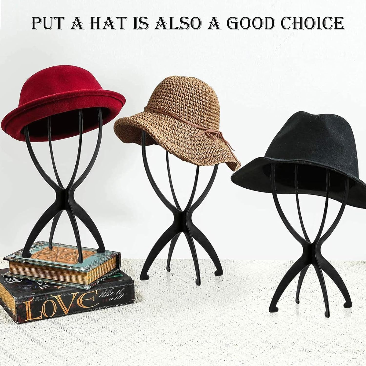 3 Pack Wig Stands, Hat Display Stand，Plastic Folding Wig Holder,Portable Wig Head Stands Collapsible Wig Holders for All Wigs and Hats 13.8 Inches（Black） image number 2