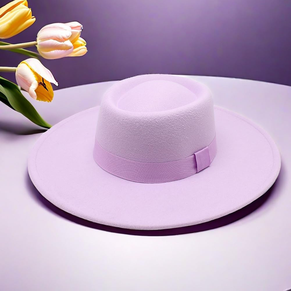 Purple Fedora Hat Fashion Jazz Hat Felt Fedora Hat Wide Brim Flat Top Wedding Dress Hat Elegant Pork Pie Hats for Women Men, Purple image number 1