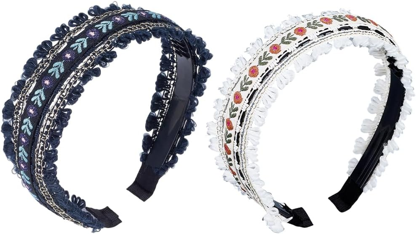 CABODYALS 2 Pieces 2 Colours Black White Trendy Ethnic Floral Embroidered Headbands Floral Boho Hair Bands Vintage Headband Set with Fringe Embroidery for Women Wedding Outfit Dress Hairstyle image number 3