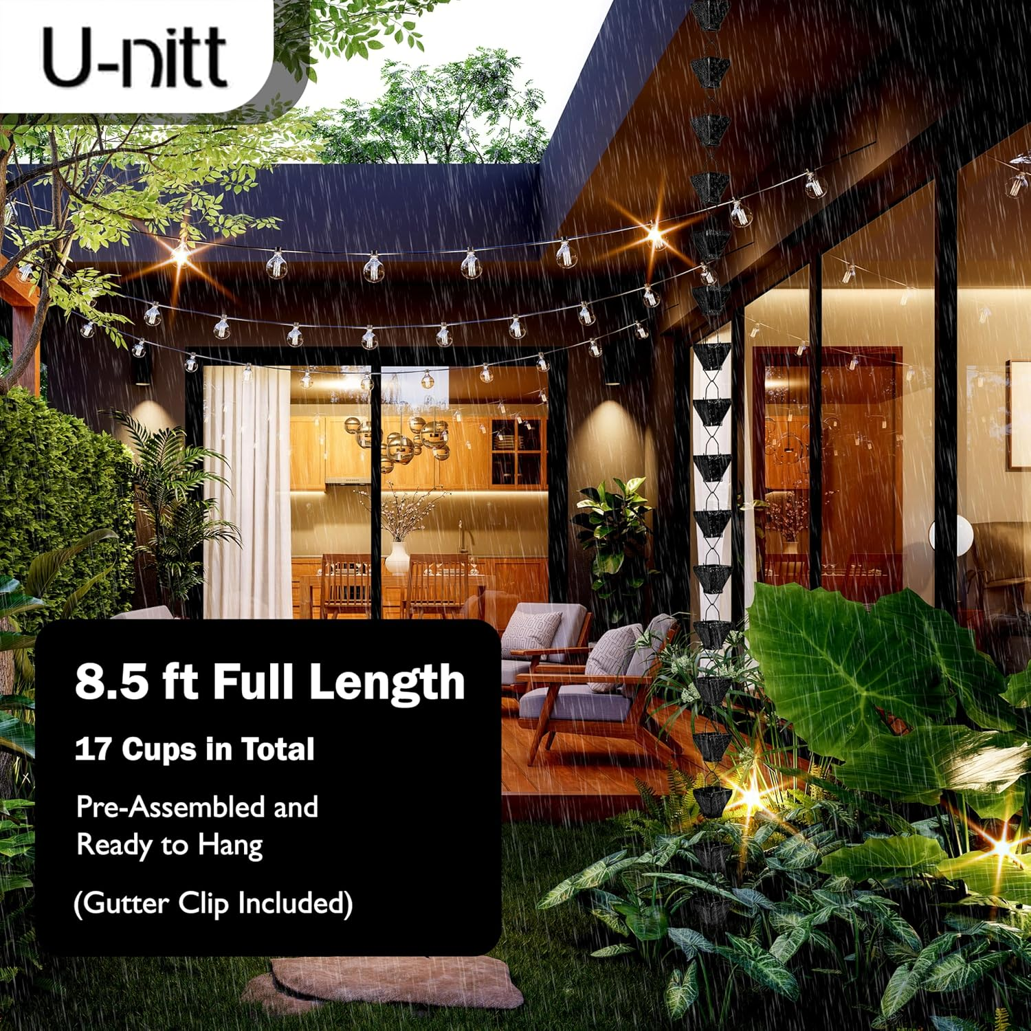 U-Nitt Rain Chain Water Collection for Gutters, Rainwater Catcher & Diverter, 8.5 FT Chains for outside Garden, Black Square Cups, Roof Downspout, Works with Heavy Rain, W/Gutter Clip for Rainchains image number 5