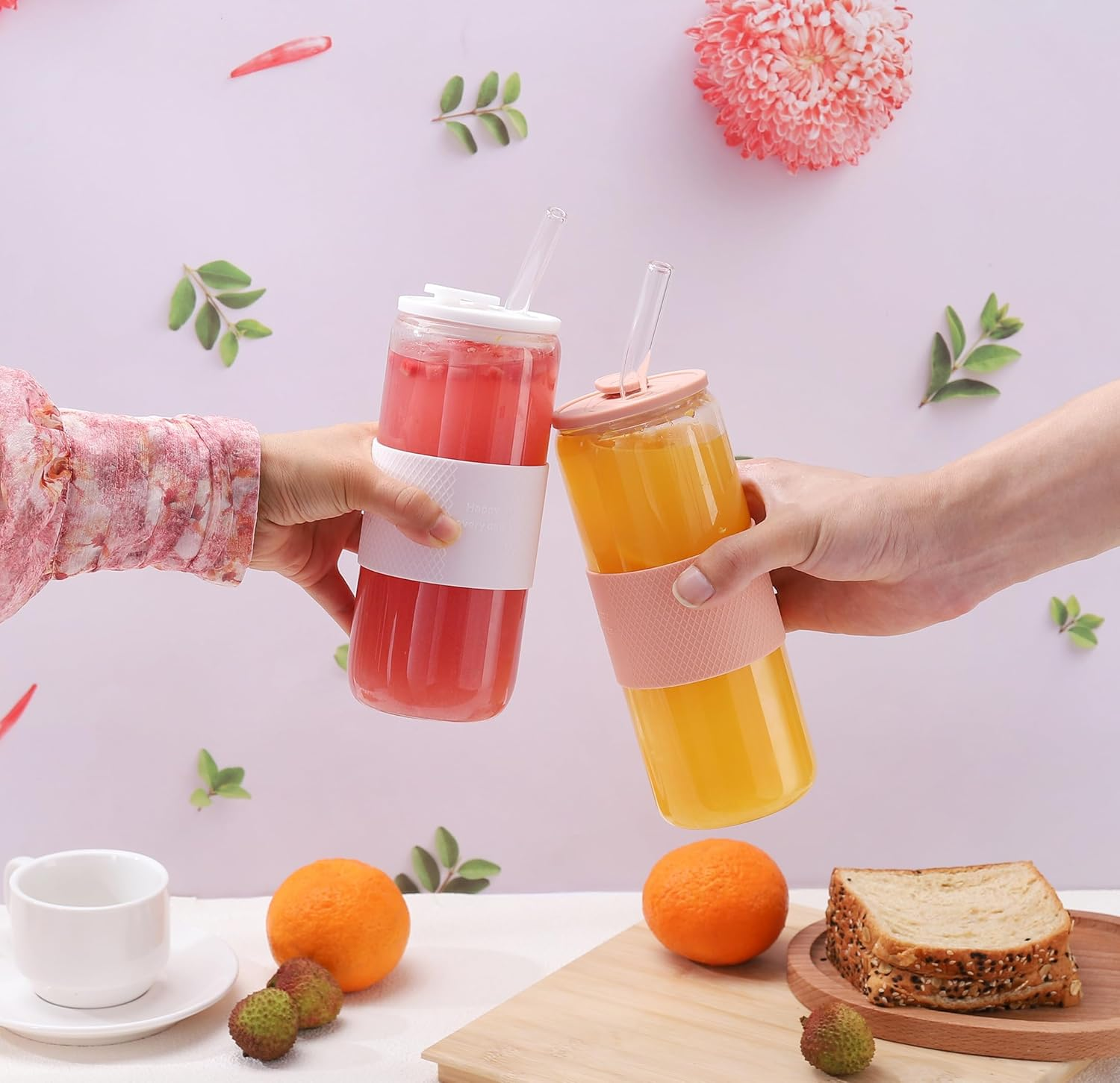 20Oz Can Shaped Glass Cups with Lids and Glass Straws, 2PCS Drinking Glasses with Lids and Straws, and Silicone Sleeves, Beer Glasses, Iced Coffee Cups, Soda, Gift 2 Cleaning Brushes - White image number 6