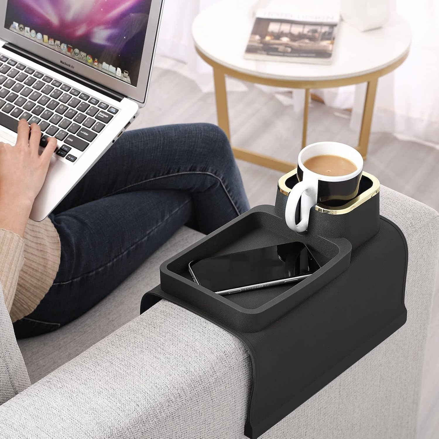 Silicone Couch Cup Holder, Portable Sofa Cup Holder Tray, Couch Drink Holder & Sofa Tray, Multi-Functional Sofa Armrest Organiser for Cup, Phone, Tablet, Remote Control, Snack (Black) image number 2
