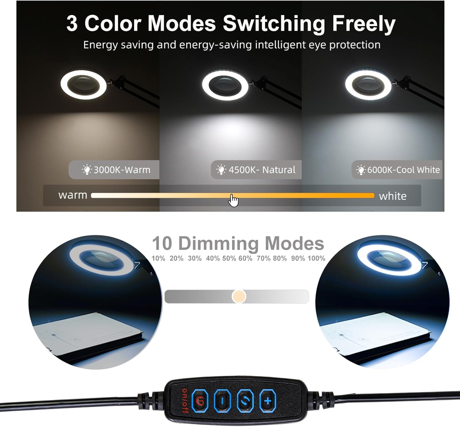 CHENBEN 10X Magnifying Glass with Light Dimmable LED Desk Lamp with Remote Control, LED Desk Craft Light, Magnifying Glasses for Hobbies, Adjustable Clamp Lamp (3 Colors & 10 Brightness)