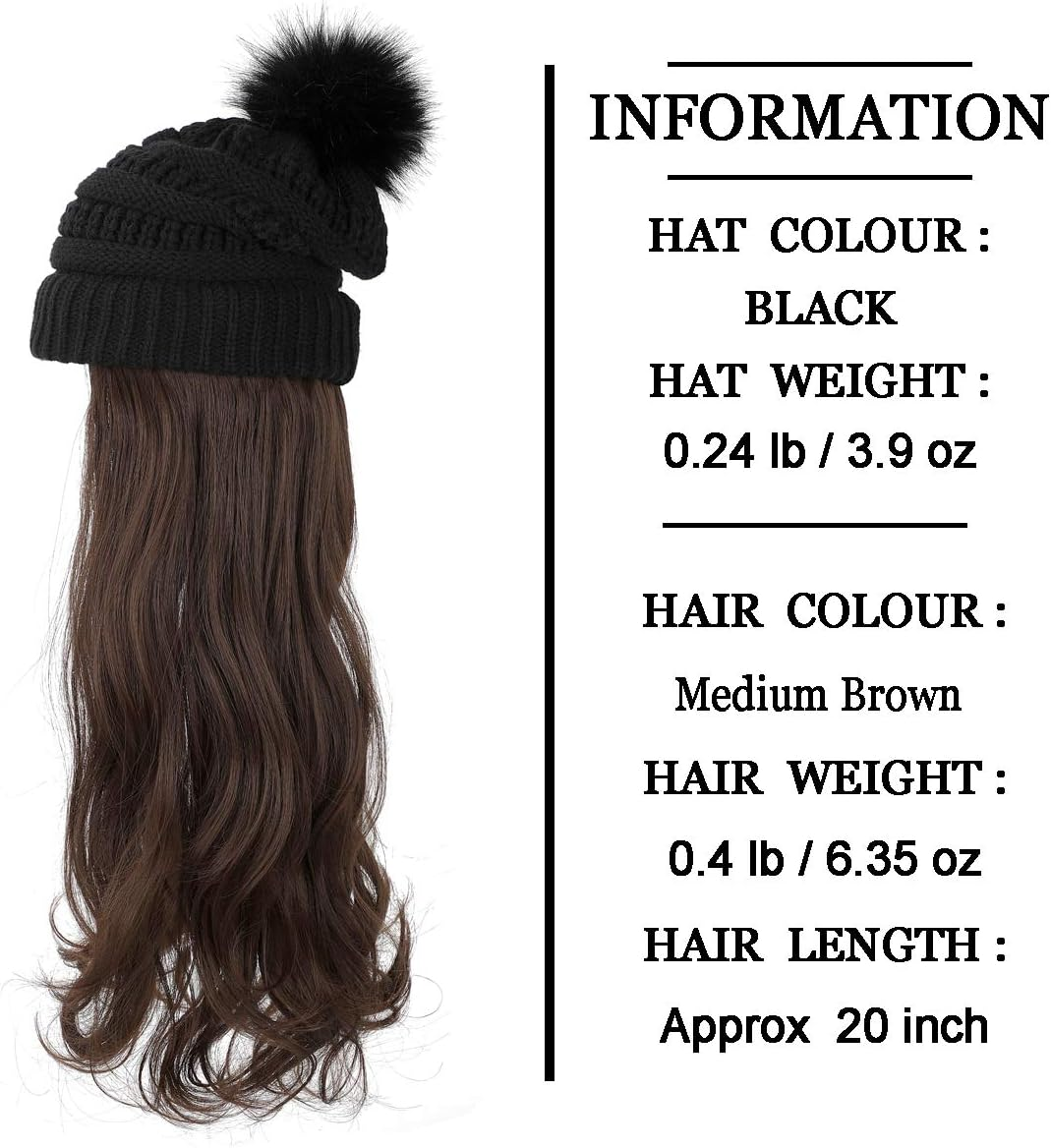 Aynnqueen Beanie with Hair Attached for Women Slouchy Cable Hat Wig Knit Beanie Winter Hat with 20" Removable Hair Extensions
